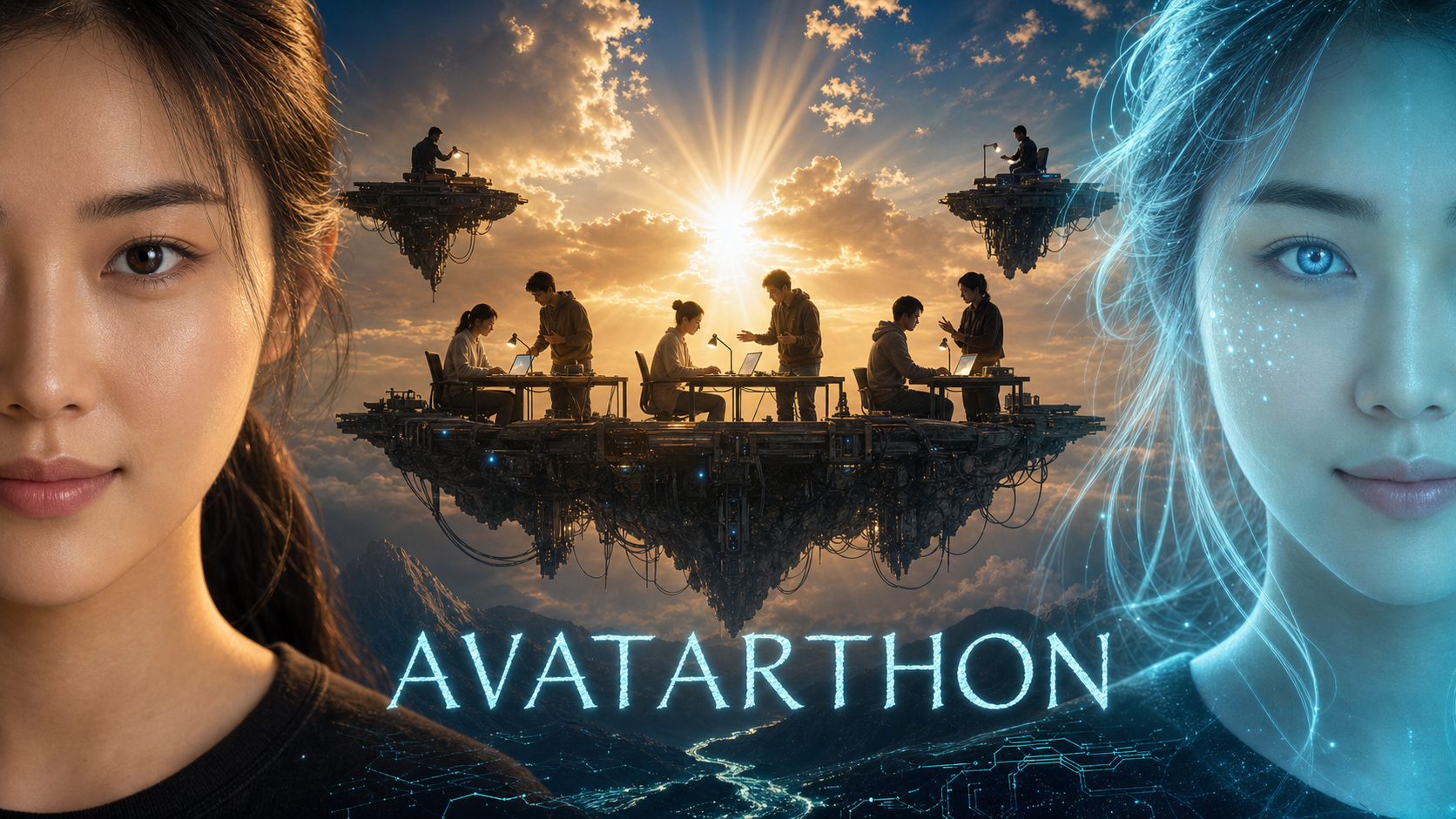 아바타톤 시즌 1 포스터 — 사람과 그의 디지털 아바타가 마주 보고, 그 사이 하늘에 떠 있는 작업 무대 위에서 짝을 이룬 참가자들이 문제를 풀고 있다